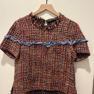 Zara Multicolor Tweed Blouse with Blue Accents